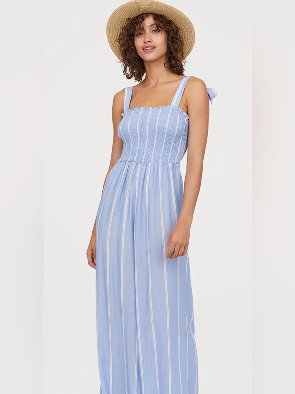 H&M Light Blue & White Striped Tie-Shoulder Jumpsuit